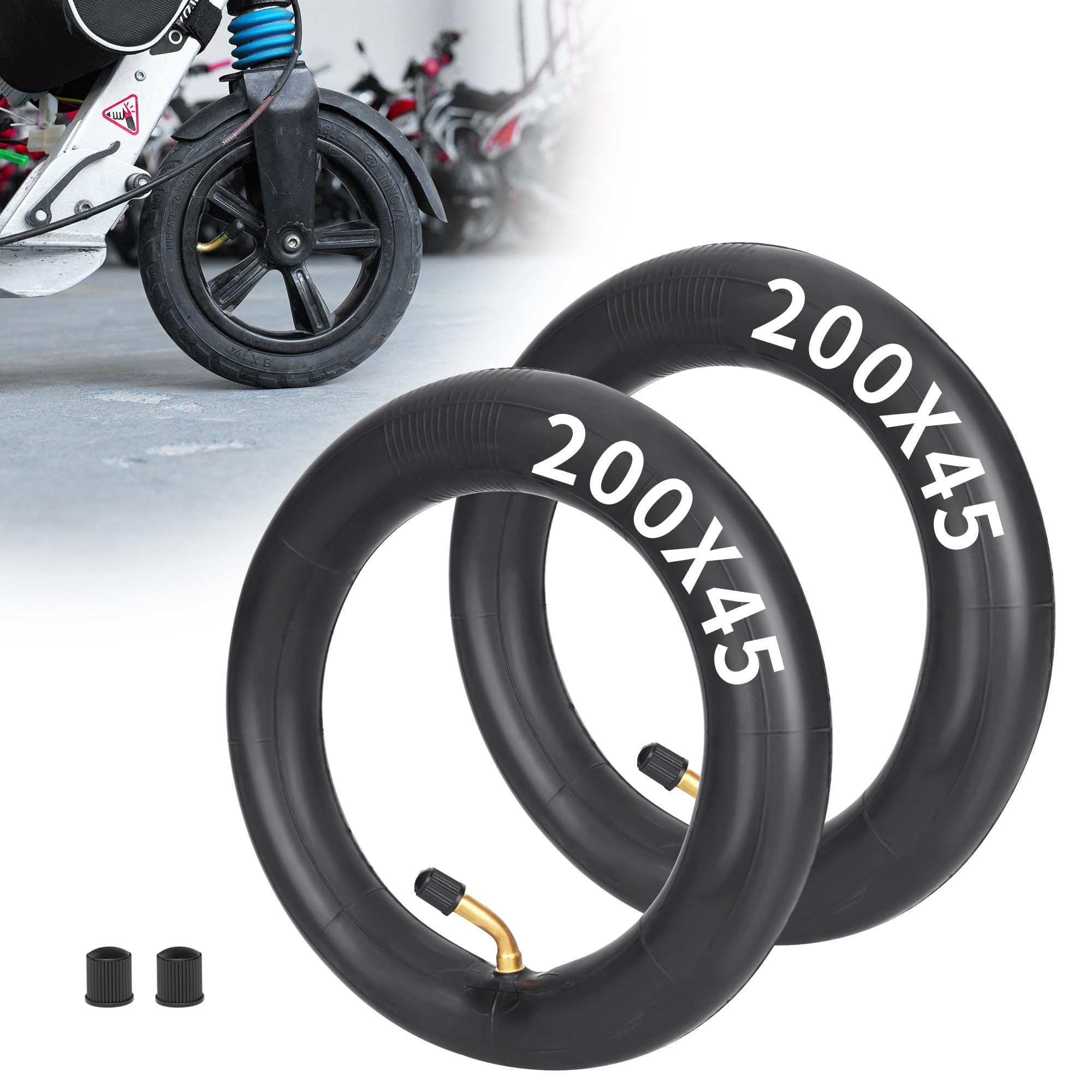 RUTU 200 x 45 Inner Tubes 8 x 1 1/4 with Bent Stem compatible with Electric Scooters Gas Scooters Pocket Bikes Mobility Scooters A-Bike Folding Bike,Butyl Rubber - 2 Pack