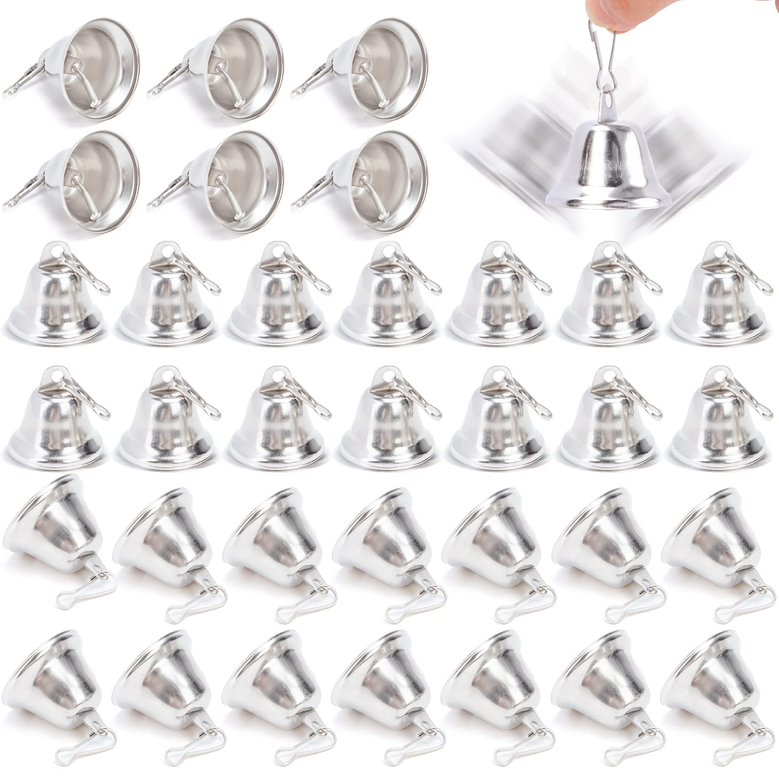 Craft Bells, 34PCS Silver Jingle Bells (1.7 X1.5 Inch) Small Brass Bells with Spring Hooks Hanging for Wind Chimes Housebreaking Doorbell Wedding Decor DIY Favor