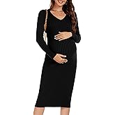 WANTROY Maternity Dress Long Sleeve V Neck Knit Stretchable Sweater Dresses Pregnancy Clothes for Photoshoot Baby Shower