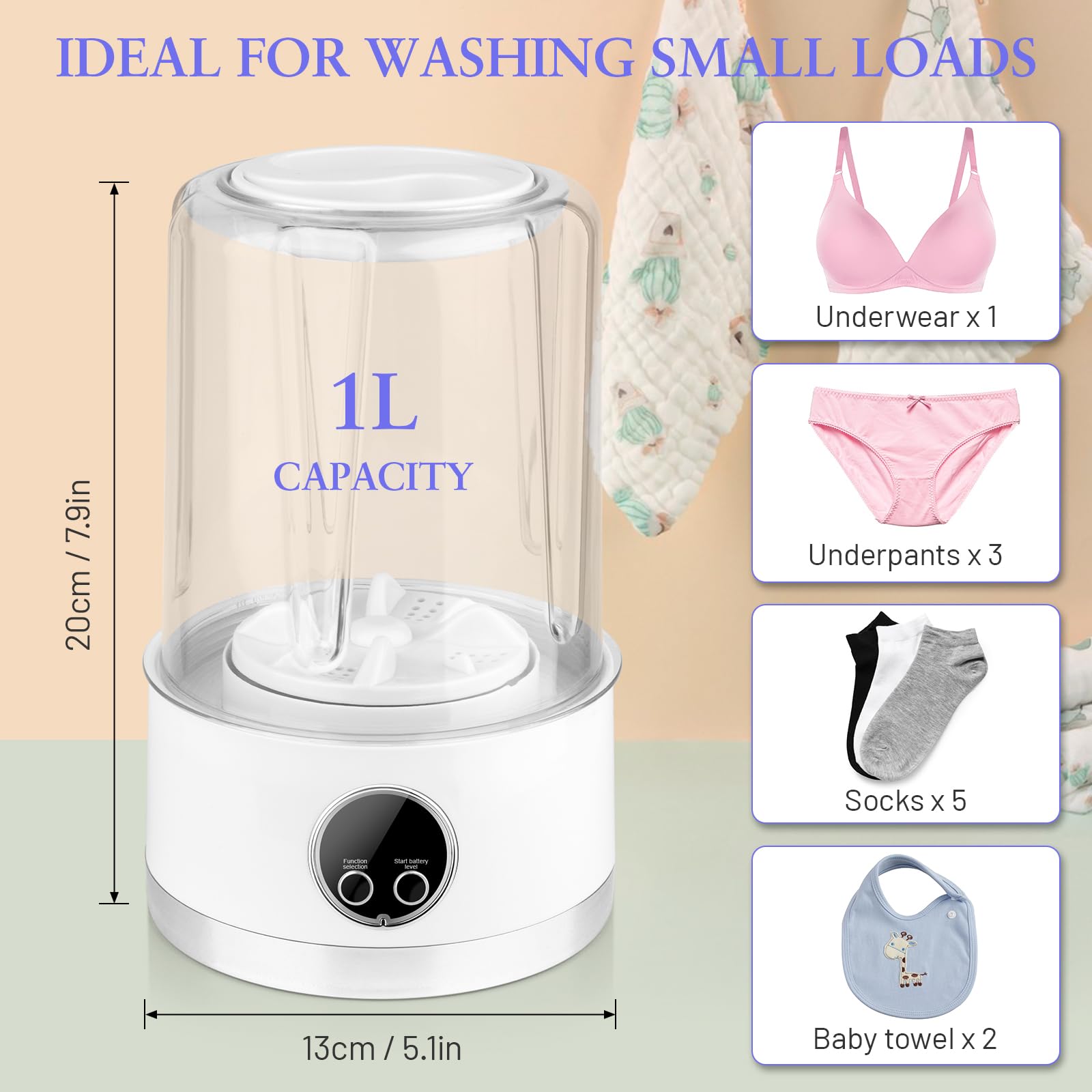 Underwear Washing Machine | Rechargeable Mini Portable Washing Machine with 3000mah | Compact Deep Cleans Underwear, Baby Clothes | Lightweight for Apartment, Dorm, Hotel, RV, Travel & Camping