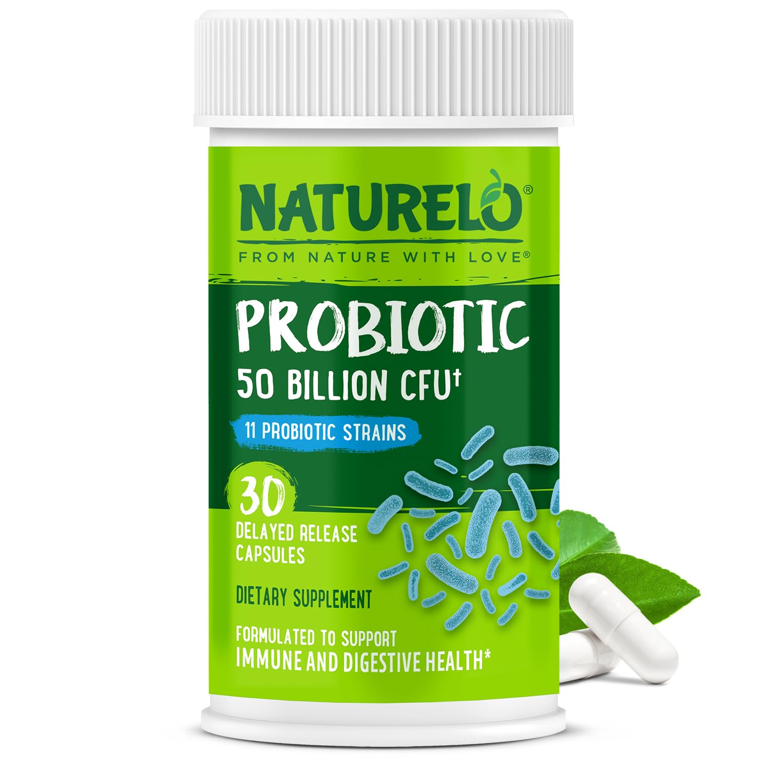 NATURELO Probiotics for Digestive Health - 50 Billion CFU, 11 Strains Daily Supplement - Boosts Immune System, Delayed Release, 30 Vegetarian Capsules