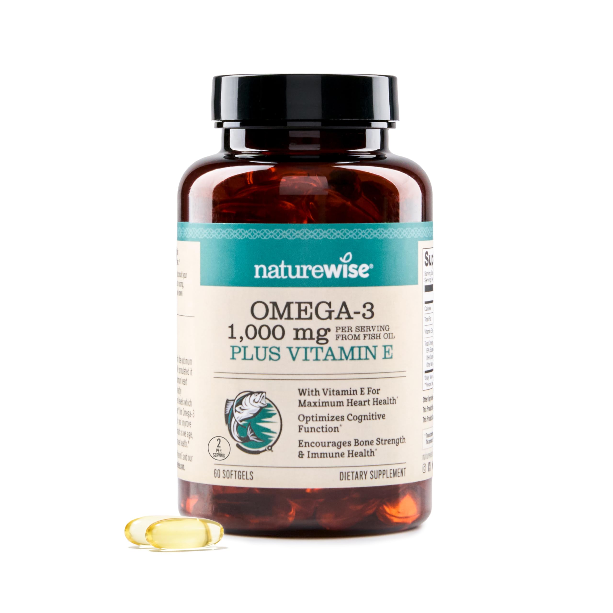 NatureWise Extra-Strength Omega 3 Fish Oil Supplement - 1000mg per Serving - 600 EPA & 400 DHA and Vitamin E - Support for Heart & Brain Health - Lemon Flavor, GMO-Free - 60 Softgels[1-Month Supply]