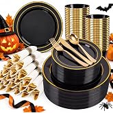 WELLIFE 350PCS Black and Gold Plastic Plates - Plastic Dinnerware Set for 50 Guests,Include 50 Dinner Plates, 50 Dessert Plates, 50 Black Cups 9 OZ, 50 Pre Rolled Napkins with Gold Silverware