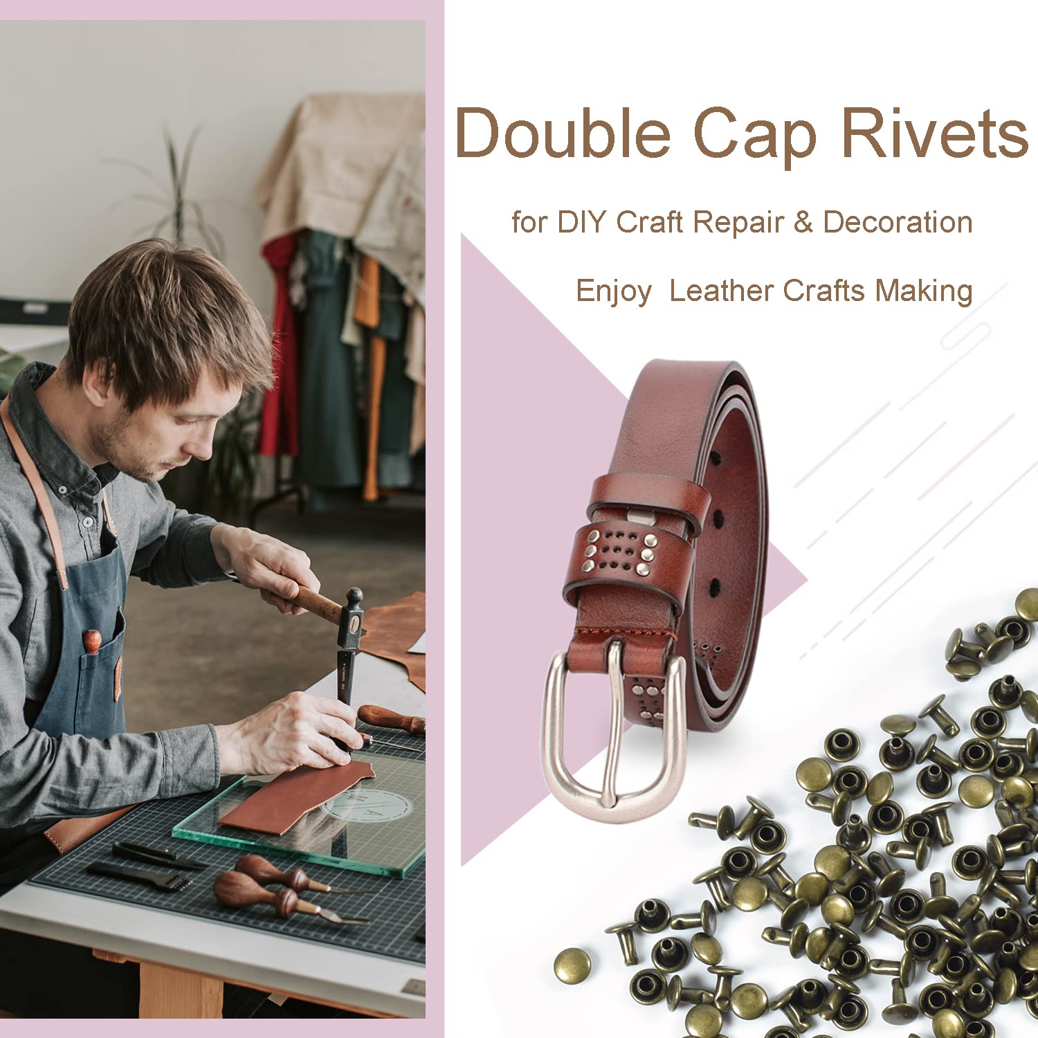 200Sets Leather Rivets, 6mm Double Cap Rivets Tubular Metal Studs Leather Rivets for Fabric Pet Collar Clothing Boots Belt Bags Accessories Crafts (6mm Bronze)