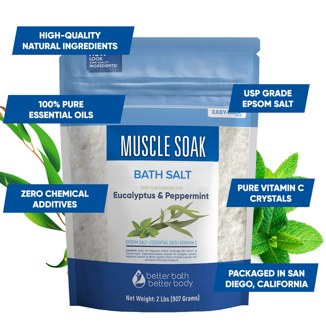 Muscle Soak Bath Salt 32 Ounces Epsom Salt with Natural Peppermint and Eucalyptus Essential Oils Plus Vitamin C in BPA Free Pouch with Easy Press-Lock Seal: Health & Personal Care
