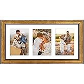Golden State Art, 9x18 Antique Gold Frame - White Mat for Three 5x7 Pictures - Sawtooth Hangers - Wall Mounting - Landscape/Portrait - Real Glass - Collage Frame