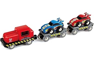 Hape Race Car Transporter | Six-Piece Wooden Toy Train Car Transport Set for Kids