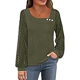 Womens Lace Sleeve Tops Fall Shirts Casual Loose Square Neck Button Blouses