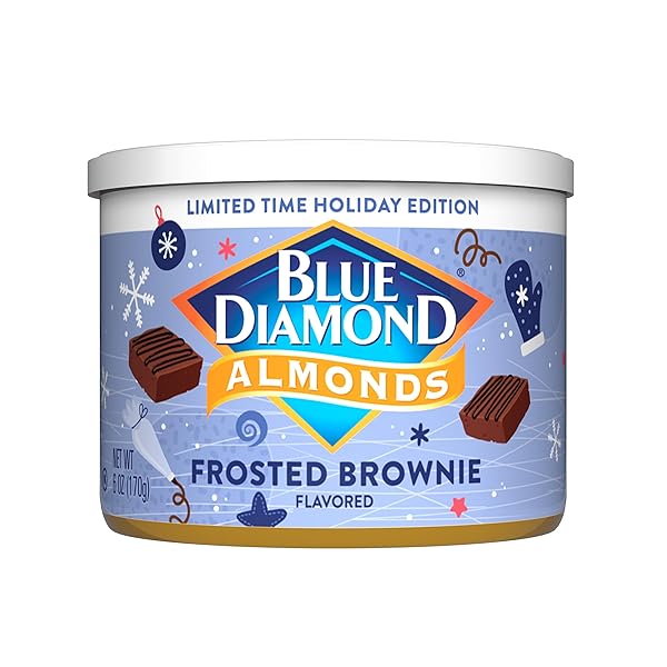BLUE DIAMOND ALMONDS, HOLIDAY FROSTED BROWNIE FLAVORED SWEET SNACK NUT ALMONDS PERFECT SIZE FOR ON-THE-GO, HOLIDAYS AND GATHERINGS, LUNCH, ADULTS AND KIDS, 6OZ CAN