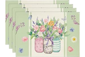 Artoid Mode Bloom Vase Floral Spring Placemats Set of 4, 12x18 Inch Seasonal Table Mats for Party Kitchen Dining Decoration Green/White