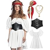 kasahara Womens Pirate Costume Outfit White Pirate Dress with Corset Necklace Bandana Headscarf Accessories 4pcs