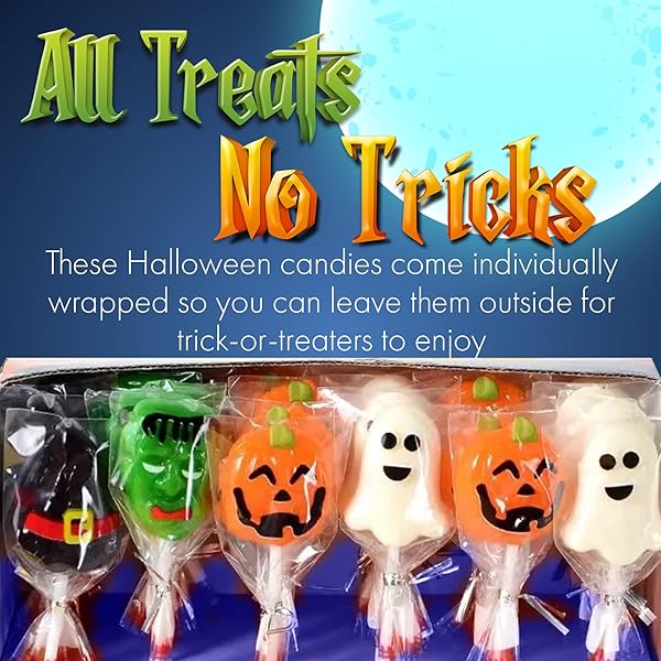 FUSION SELECT CANDY LOLLIPOPS – HALLOWEEN SUCKERS – TRICK OR TREAT CANDIES FOR KIDS – FRANKENSTEIN’S MONSTER, JACK O LANTERN, GHOST & WITCH HAT SWEETS – INDIVIDUALLY WRAPPED – 30 PER BOX