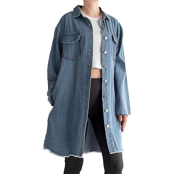 GHJCFVBS Women's Midi Long Casual Denim Jacket Double Breasted
