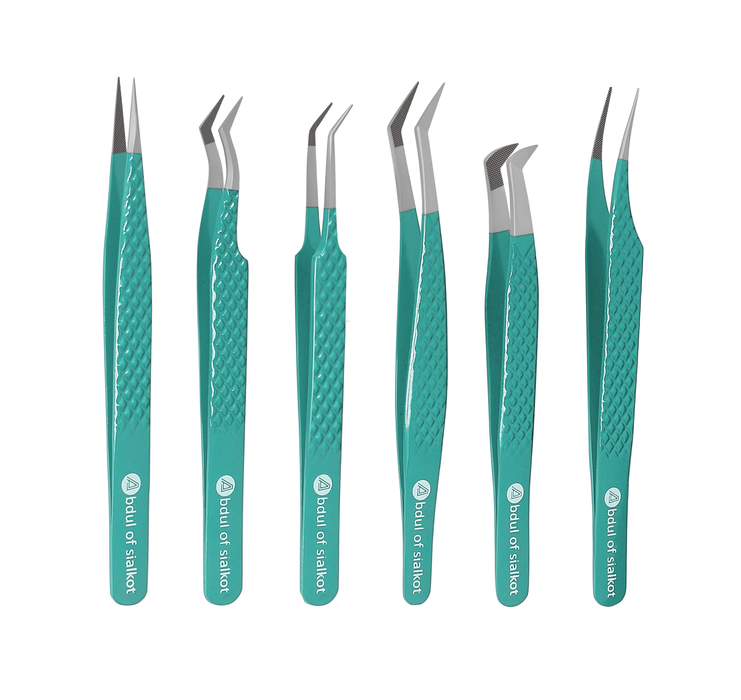 Abdul of Sialkot Fiber Tips Volume Tweezers for Eyelash Extensions, Set of 6,Volume Boot, Made with Perfection Micro Tip (6 Piece Set (Sky Green)
