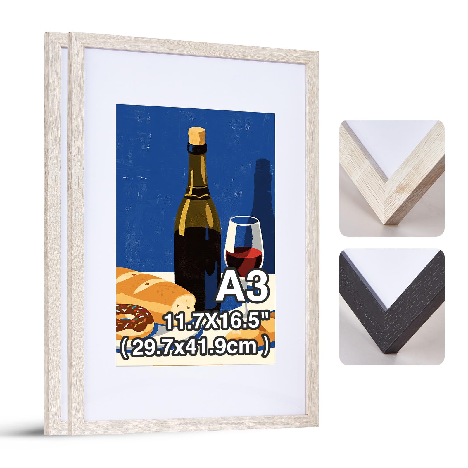 HOUSE DAY A3 Picture Frames, Certificate Frame with Clear Perspex Sheet, White Photo Frames for Wall Mount, A3 Wooden Frame for Wedding Photo or Family Photos 29.7x42cm White Set of 2