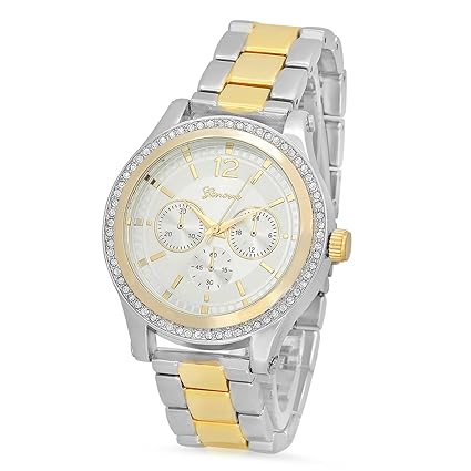 Silver Dial Rhodium Plated Geneva CZ Watch & Two-Tone Gold/Rhodium Band