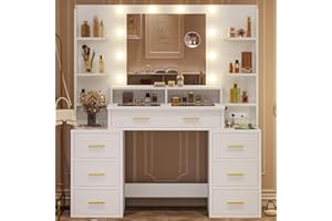 HAUOMS Glass Top Makeup Vanity Table with 10x Magnifying Mirror, Vanity Desk with Mirror and Lights & Charging Station, Compartment Stoarge Drawers & Shelves, 3 Light Settings (Modern White)