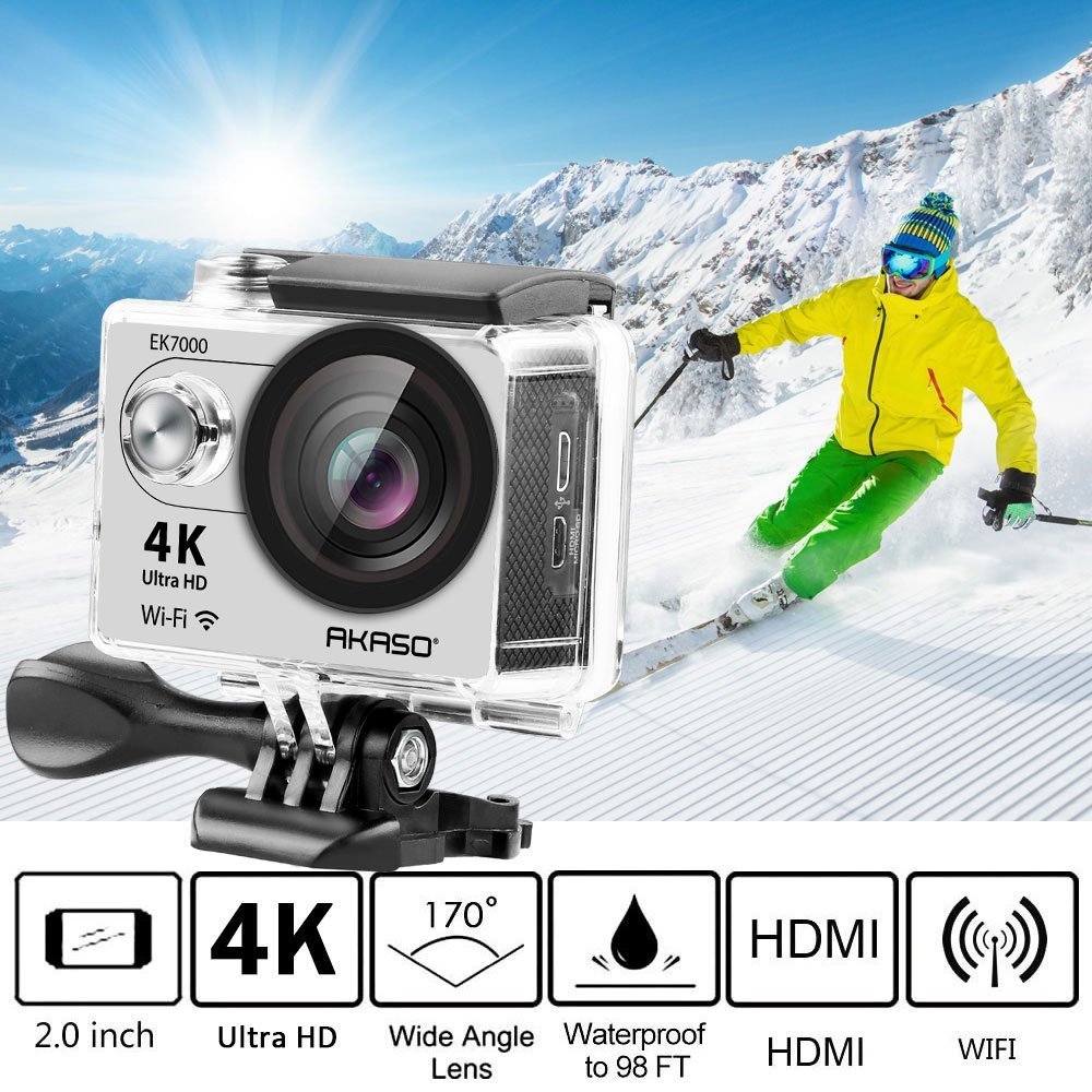 AKASO EK7000 4K Sport Action Camera Ultra HD Camcorder 12MP WiFi Waterproof Camera 170 Degree Wide View Angle 2 Inch LCD Screen W/2 Rechargeable Batteries/19 Accessories Kits- Silver
