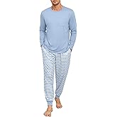 PrinStory Mens Pajamas Set Long Sleeve Pjs 2 Piece Pajama Soft Sleepwear Loungewear with Pockets