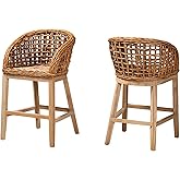 bali & pari Mario Modern Bohemian Natural Finished Teak Wood and Honey Rattan 2-Piece Counter Stool Set