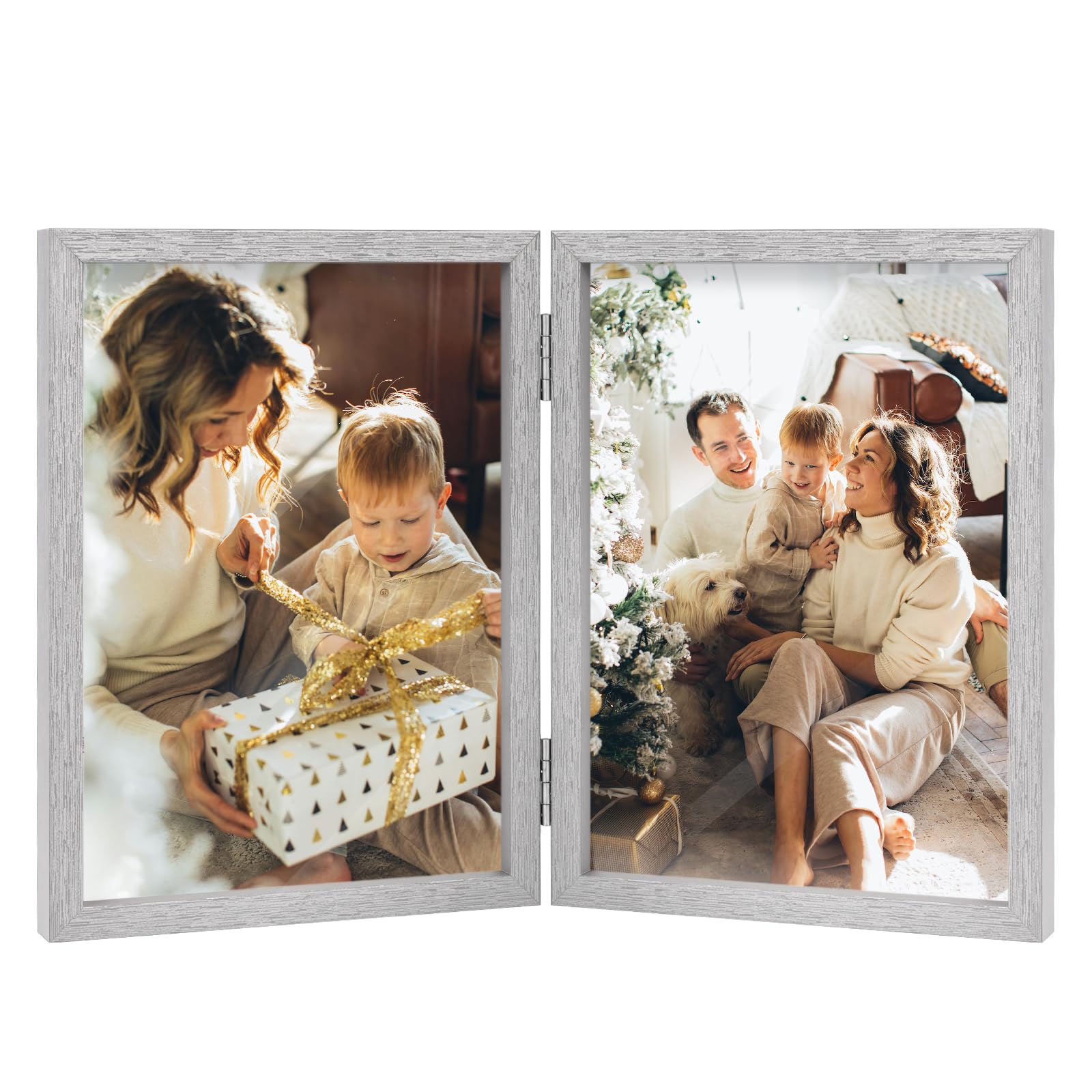 Double Photo Frame 4x6 Hinged Folding Wood Picture Frame with Glass Front Stand Vertical on Desktop Silver — image 1