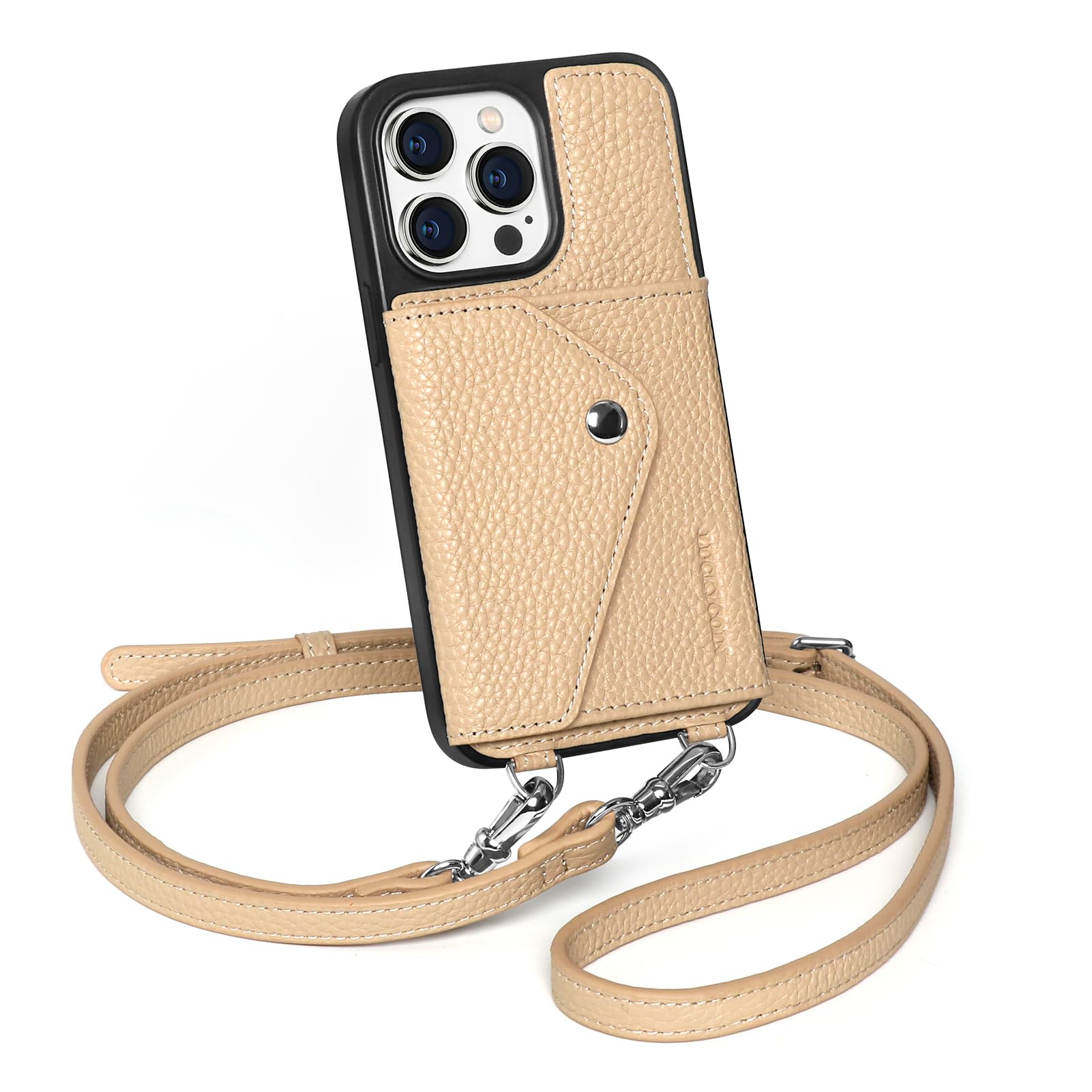Photo 1 of LUCKYCOIN Crossbody Wallet Phone Case for iPhone 15 Pro,Genuine Leather Phone Case with Expandable Card Holder & Adjustable Removable Strap,Travel/Party/Outdoor Phone Purse for Women - Pebble Beige