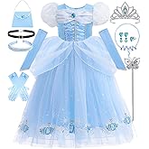 Luzlen Cinderella Costume for Girls Blue Princess Dress for Kids with Puffy Sleeves Halloween Birthday Party Outfit