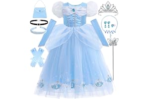Luzlen Cinderella Costume for Girls Princess Dress for Kids with Puffy Sleeves Halloween Outfit