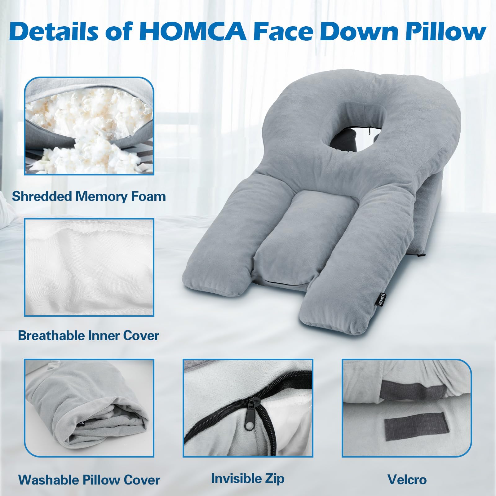 HOMCA Face Down Pillow for Eye Surgery – Stomach Sleeping Pillow with Soft Support, Home Massage Pillow with Shredded Memory Foam for BBL/Retinal Surgery, Not for Adults with Larger Body Frames