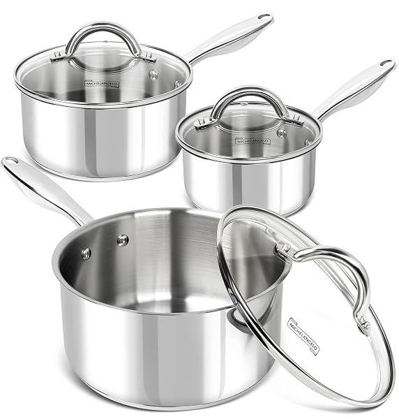 MICHELANGELO SAUCEPAN SET 6PC, 18/10 STAINLESS STEEL SAUCE PAN WITH LID, TRI-PLY BOTTOM SAUCE POT SET, NONSTICK SAUCEPAN, INDUCTION COMPATIBLE, 1QT & 2QT &3QT