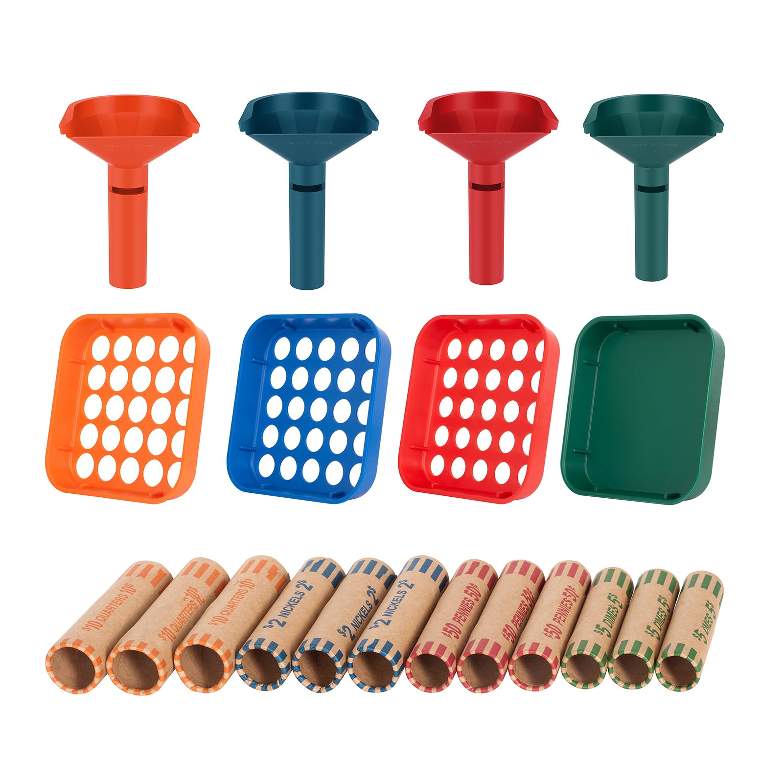 Photo 1 of Coin Sorter Tube & Coin Sorter Tray - 4 Color Coded Coin Separator Trays and Coin Sorters Tubes Bundle with 40 PCS Preformed Coin Wrappers