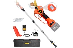 T TOVIA Cordless Pruning Shears, Electric Pruner with 75 Inch Foldable Extension Pole, 25V Lithium Battery, SK5 Blades, 1.6 Inch Cutting Diameter, LCD Display Screen