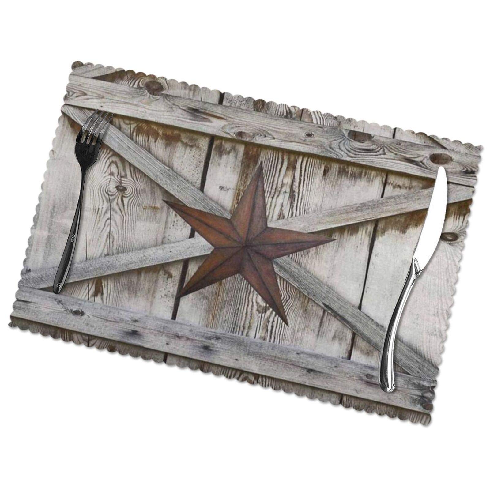 TianHeYue Western Texas Star On Rustic Old Barn Wood Placemats Set of 6, Heat-Resistant Washable Table Place Mats for Kitchen Dining Home, 12 X 18 Inch