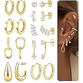 LOLIAS Hypoallergenic 14K Gold Plated Hoop Earring Stacks for Women -Huggie Stud Hoop Earrings Small Stainless Steel Cartilage Earring Sets for Multiple Piercing Lightweight 9Pairs