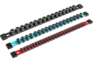 DURATECH Socket Organizer Set, 3-Piece Aluminum Alloy Socket Holder, Heavy Duty Socket Rail, 1/4" x 24 Clips, 3/8" x 18 Clips, 1/2" x 16 Clips