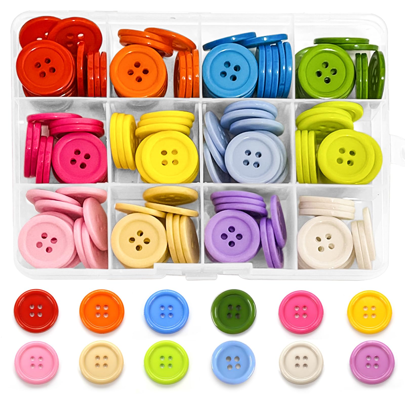 180Pcs Colourful Buttons, 20MM Round Resin Button Sewing Craft Button 12 Color Large Buttons with Storage Box for Sewing Knitting Crafting DIY Handmade (4 Holes)