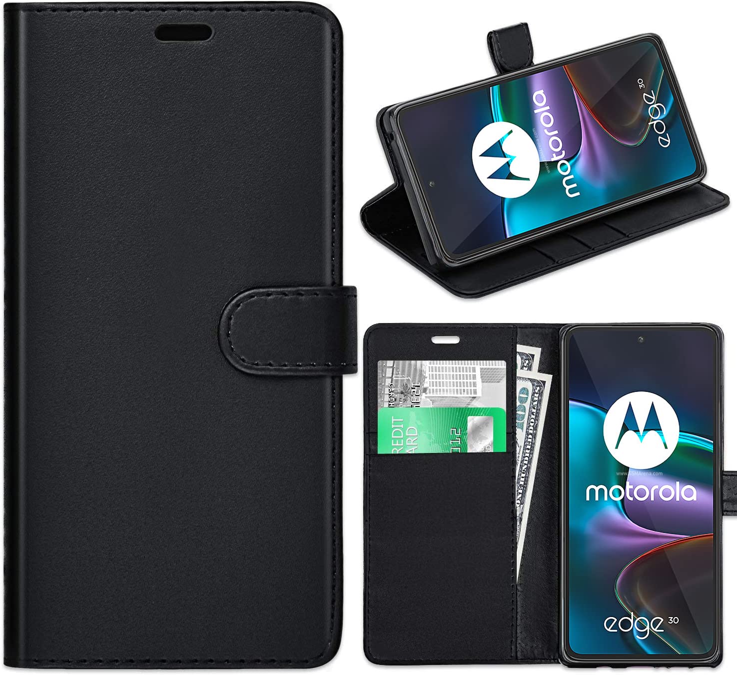 KP TECHNOLOGY Moto Edge 30 Case, Motorola Moto Edge 30 Leather Case, Motorola Moto Edge 30 Book Flip Leather Wallet Cover with Card Slots for Motorola Moto Edge 30 (BLACK)