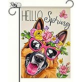 BlissYard ello Spring German Shepherd Garden Flag 12x18 Double Sided Dog Garden Flag with Sunglasses Floral Design, Spring Summer Outdoor Yard Flag for Lawn Patio Porch Seasonal Decoration
