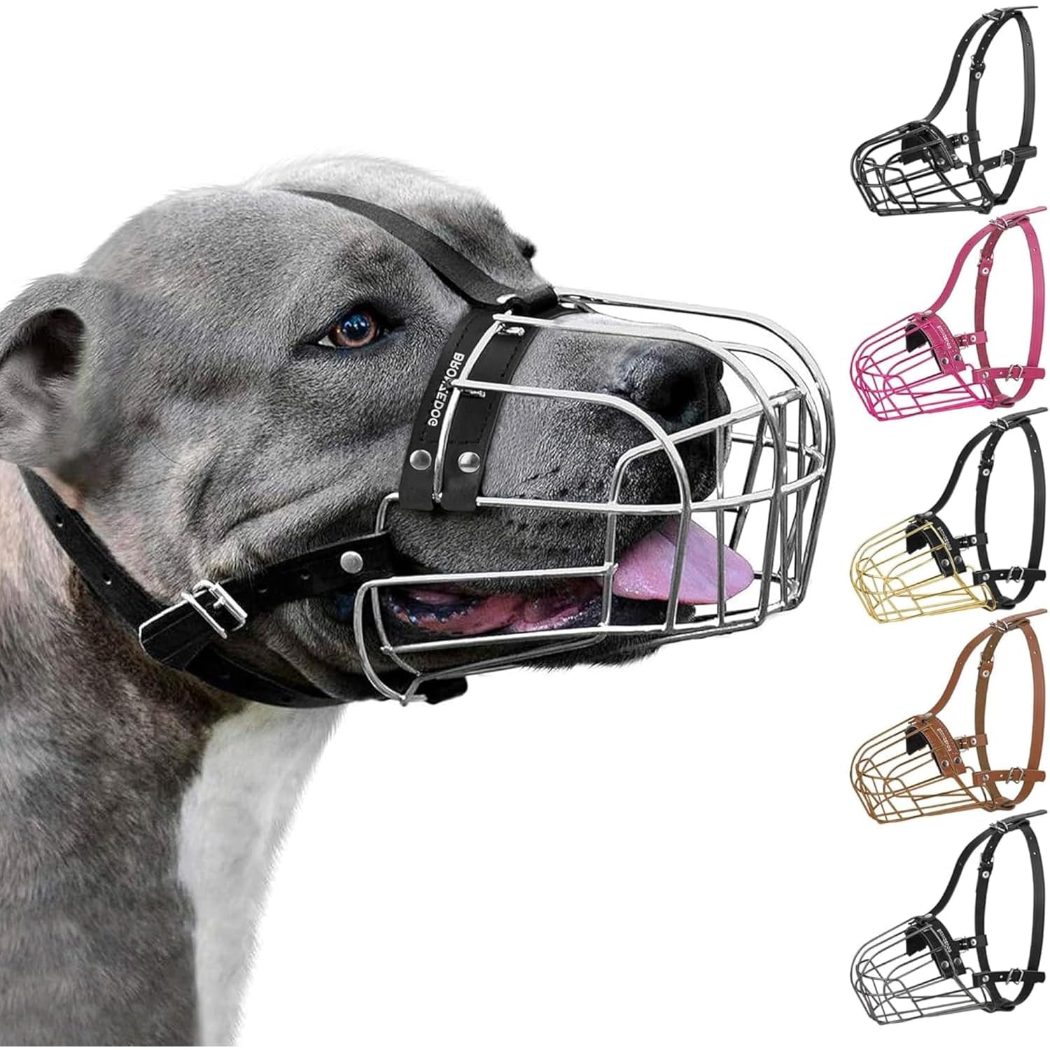 BRONZEDOG Pitbull Dog Muzzle Metal Mask Amstaff Wire Basket Pit Bull Adjustable Leather Straps for Large Dogs — image 1