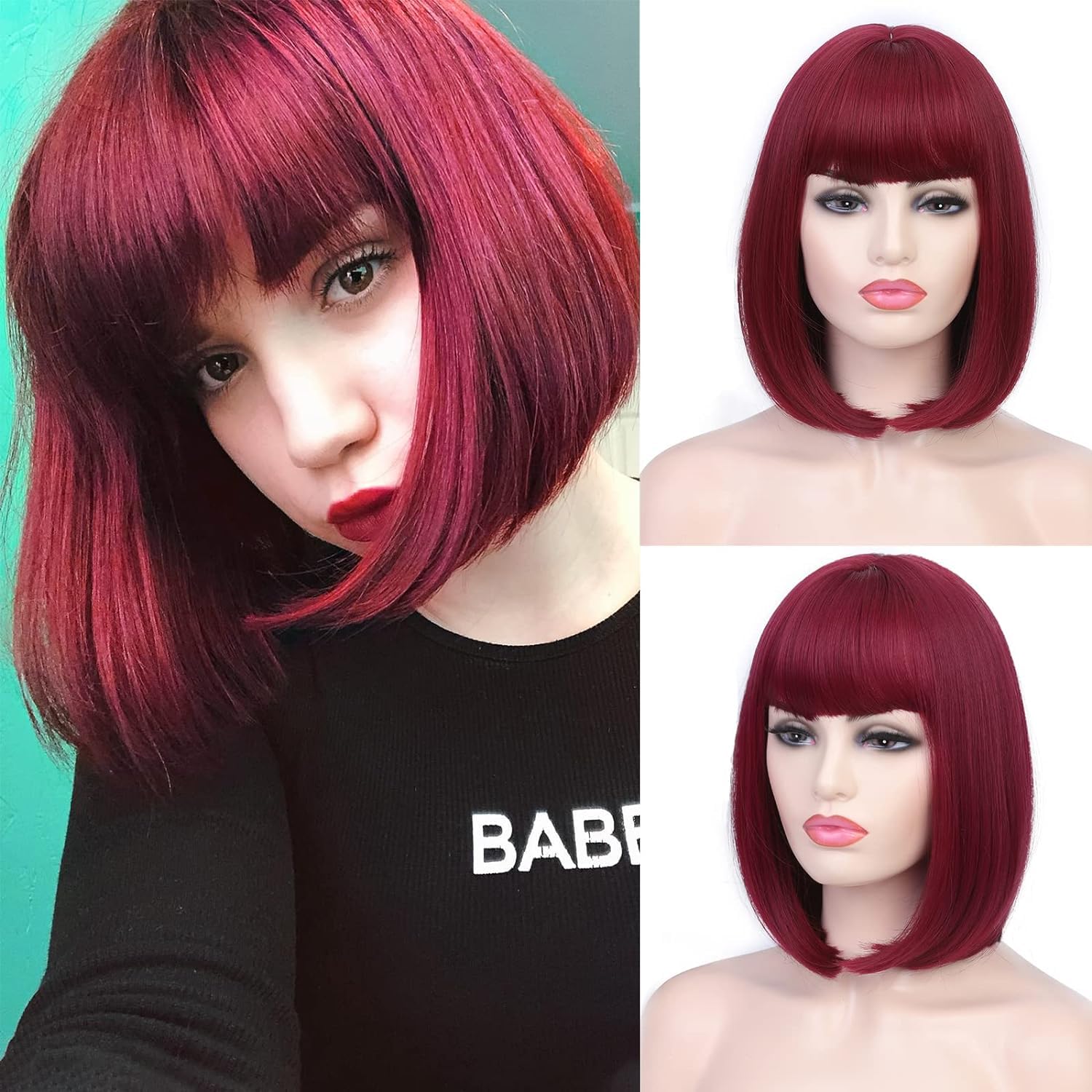 YEESHEDO Women's Short Bob Red Wigs Straight with Flat Bangs Colorful Hair Cosplay Party Halloween Costume Replacement Wig for Women Heat Resistant Synthetic Natural As Real Hair 12"(Wine red)