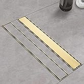 Kuaisailsk Linear Shower Drain ,with Tile Insert Panels ,24 Inch Brushed Gold 304 Stainless Steel Rectangle Shower Floor Drain,with Hair Catcher, Adjustable Feet