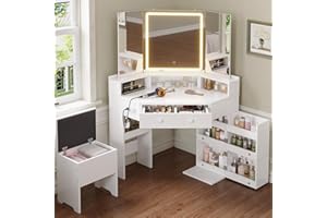 HAUOMS Vanity Desk with Tri-Fold Mirror and Lights, Storage Stool, Corner Makeup Vanities with Drawers & Power Outlet, 3 Light Settings, Dimmable for Bedroom, Women Girls, White