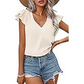 Spriolim Women's Ruffle Short Sleeve Shirt Summer Pleated V Neck Top Casual Loose Chiffon Blouses