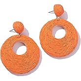 Boho Raffia Statement Circle Earrings - Cute Round Dangle Summer Handmade Rattan Jewelry for Women - Lightweight