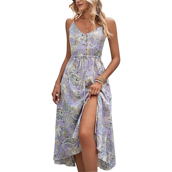 LAISHEN Women's Summer Floral Sundress - Spaghetti Strap V-Neck Midi Dress With Pockets & Lace Detail - View #3