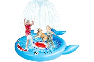 SUNSHINE-MALL Big Sprinkler Splash mat for Dog and Kids, Wading Pool for Learning – Children’s Sprinkler Pool, Shark Sprinklers Water Toys,Outdoor Swimming Pool for Kids(88 x 79 x 10 inch)