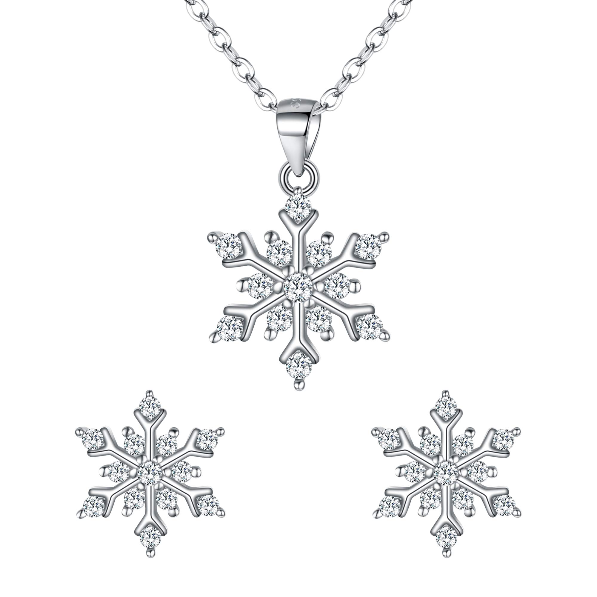 Clearine Women's 925 Sterling Silver Cubic Zirconia Lovely Snowflake Pendant Necklace Stud Earrings Set Clear