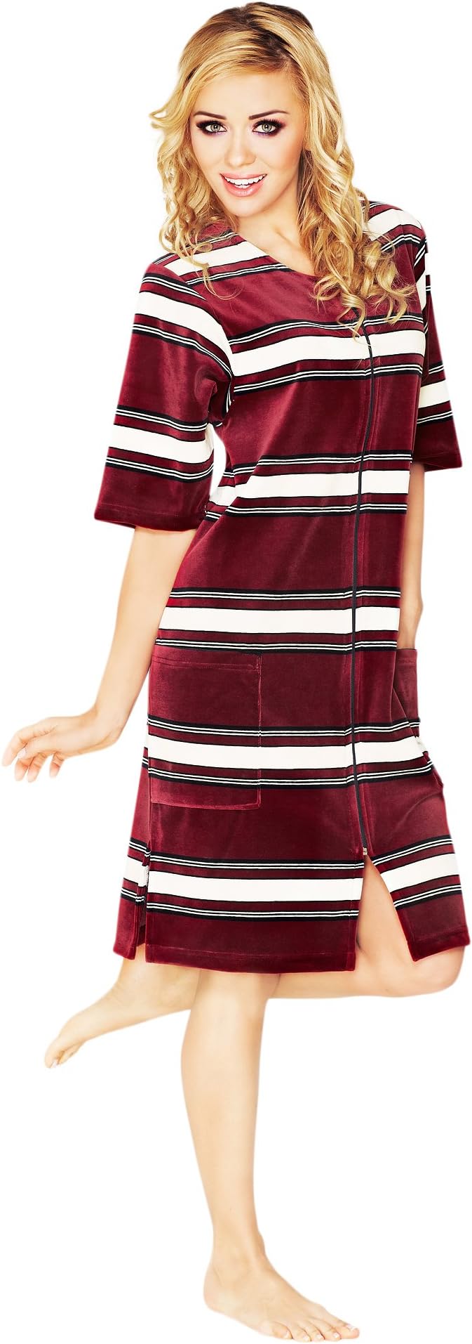 Wanmar Company Womens Short Sleeved Knee Length Lightweight Zip Up Dressing Gown Soft Housecoat Robe
