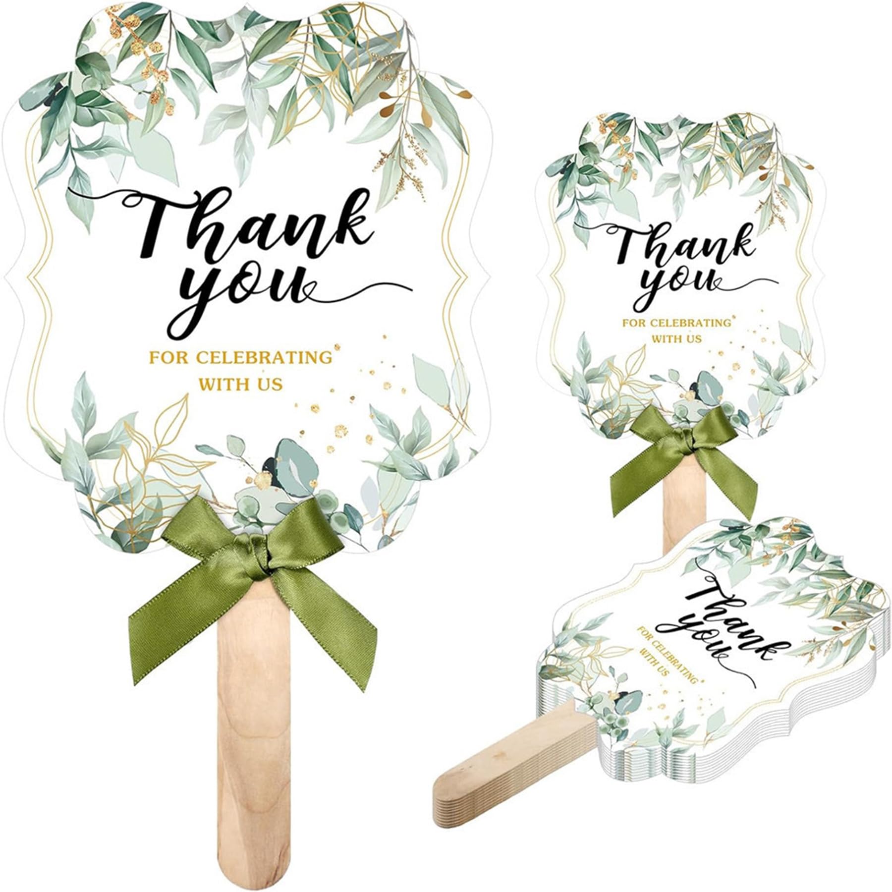 Wedding Fans for Guests - 10PCS Wedding Fans for Guests with Floral Design and "Thank You" Print, Hand Green Leaf Fan with Wooden Handle and Green Ribbonfor for Ceremony Reception, Handheld Fan Favors