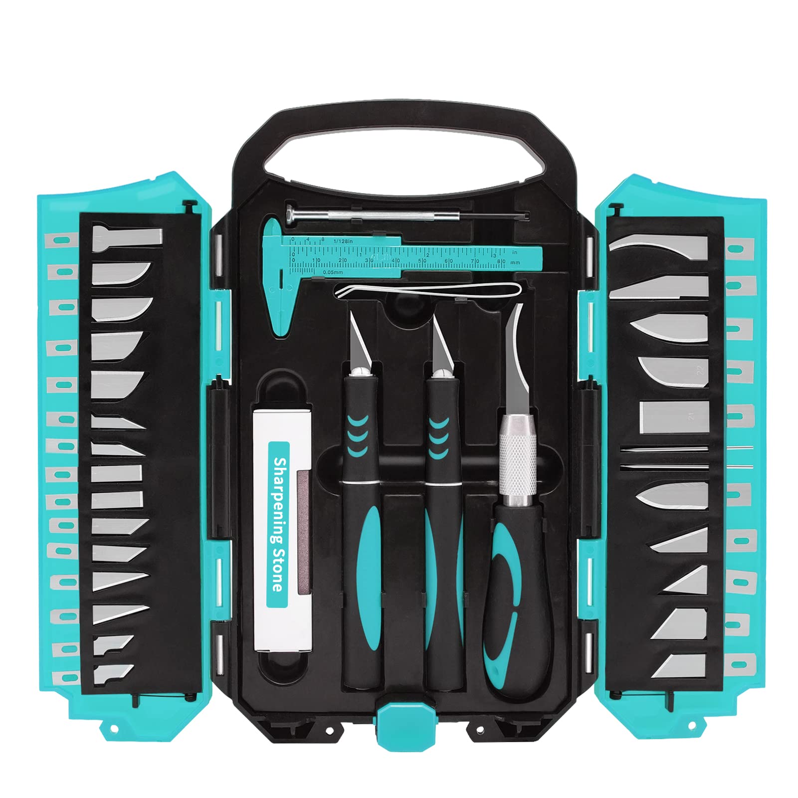 Photo 1 of MANUFORE 34pcs Large Exacto Knife Set Blue Deluxe Craft Precision Knife Set Include 3pcs Craft Knives with Anti-Slip Rubber Grip, 25pcs Different Blades, 2pcs Needles, Sharpening Stone, Screwdriver